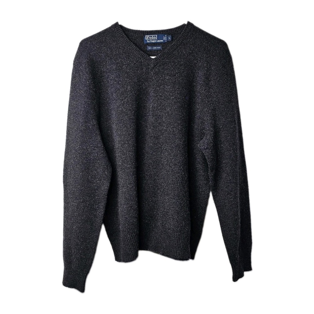 Vtg Polo Ralph Lauren 100%  Lambswool Dark Gray Sweater Large V-Neck Pullover
